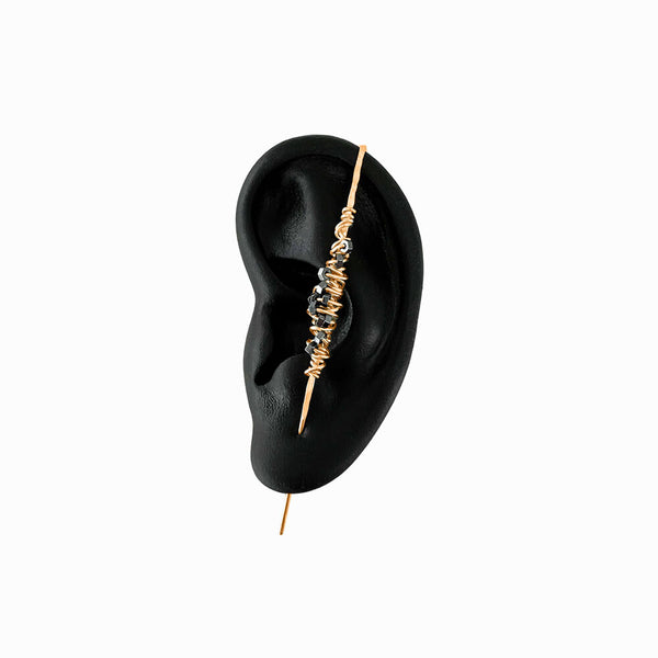 Gold Cocoon Ear Pin by Elke Van Dyke – handcrafted14K gold fill and faceted hematite stones. Available in 7cm and 8cm lengths.