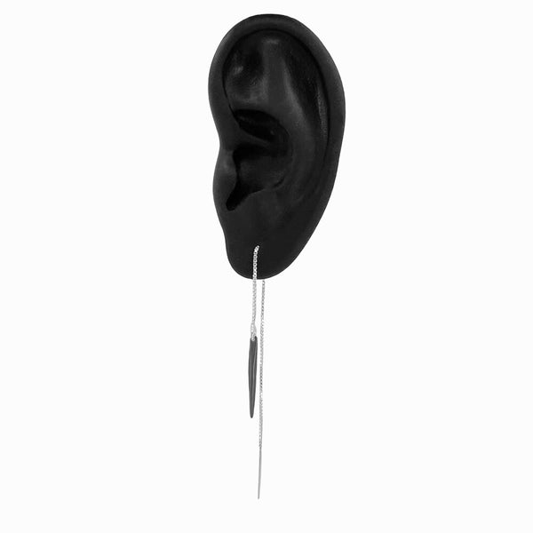 Oxidized Icicle Threader Earrings by Elke Van Dyke – minimalist, handcrafted sterling silver with sculptural winter-inspired elegance. On display ear.