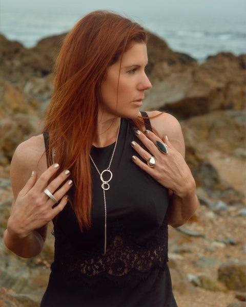 Elke Van Dyke Design mage of the Icicle Lariat Oxidized Necklace on a mannequin neck