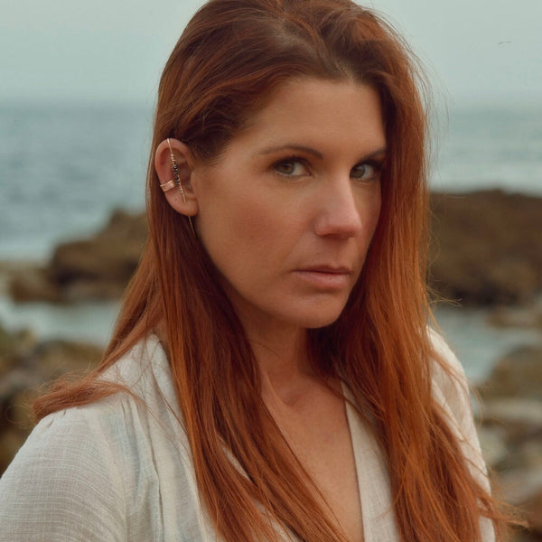 Rose Gold Cocoon Ear Pin by Elke Van Dyke on  model – handcrafted 14K rose gold fill and faceted hematite stones. Available in 7cm and 8cm lengths.
