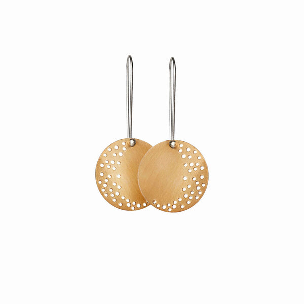 Gold Moon Dust Drop Earrings by Elke Van Dyke – handcrafted 14K gold fill and sterling silver with brushed satin finish, inspired by present moon lunar textures.
