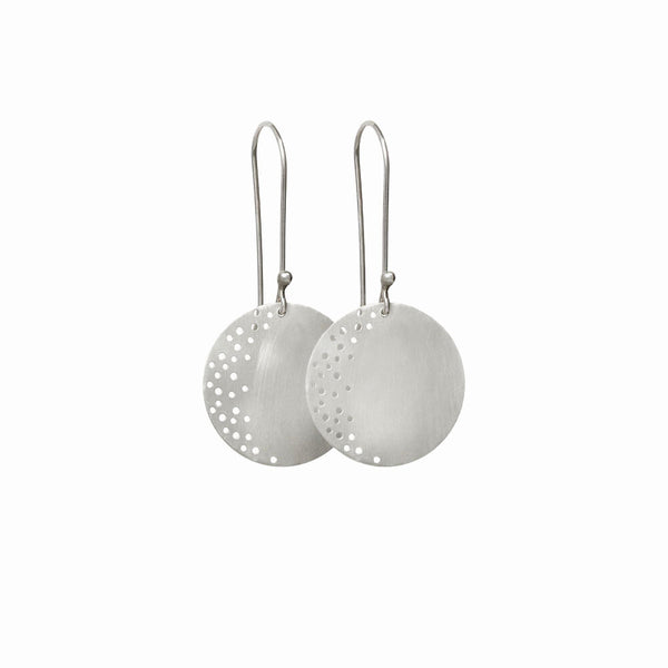 Silver Moon Dust Drop Earrings by Elke Van Dyke – handcrafted sterling silver with brushed satin finish, inspired by lunar textures.