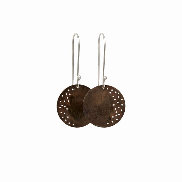 Oxidized Moon Dust Drop Earrings by Elke Van Dyke – handcrafted sterling silver with matte black oxidized finish, inspired by present moon textures.