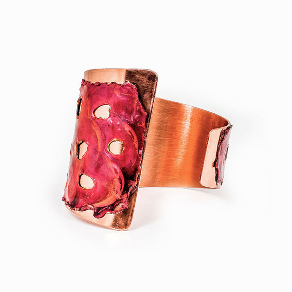 Blaze Asymmetrical Copper Cuff Bracelet with flame-textured finish, handcrafted by Elke Van Dyke, inspired by molten lava's organic forms.