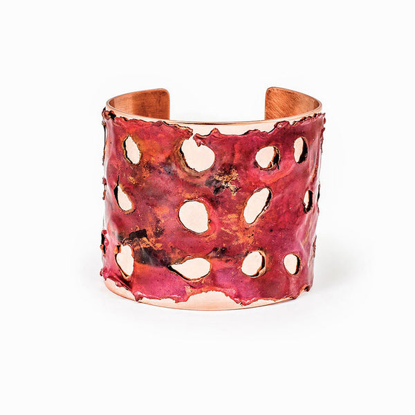 Blaze Copper Cuff Bracelet with flame-textured finish, handcrafted by Elke Van Dyke, inspired by fire's transformative beauty. Size: 1.5" width.
