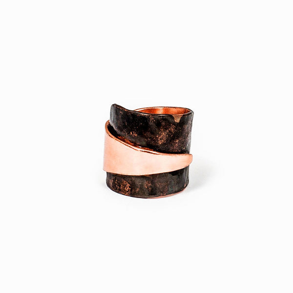 Copper Wrap Ring by Elke Van Dyke —handcrafted copper band with black oxidized finish detail. Sculptural and gender-neutral design. Front view.