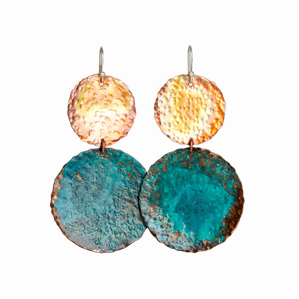 Deep Swell Earrings—handcrafted copper and silver with turquoise patina. Sculptural interpretation of water’s movement by Elke Van Dyke.