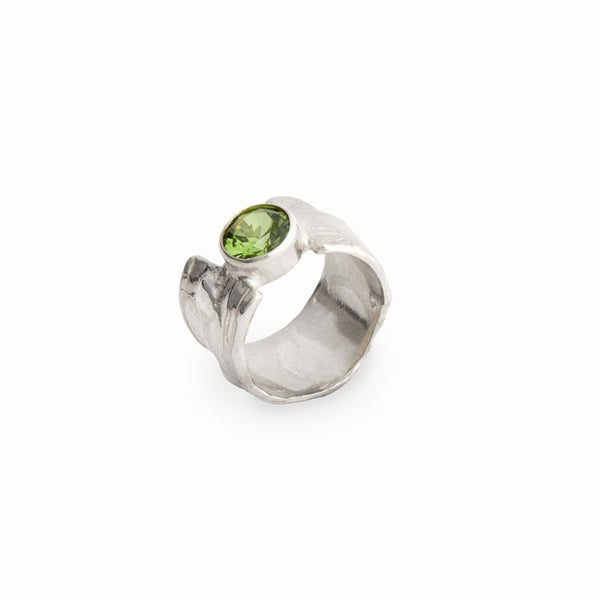 Elke Van Dyke Design Gemstone Waterfall Rings with Wide Bands sitting in a row, handcrafted in sterling silver.