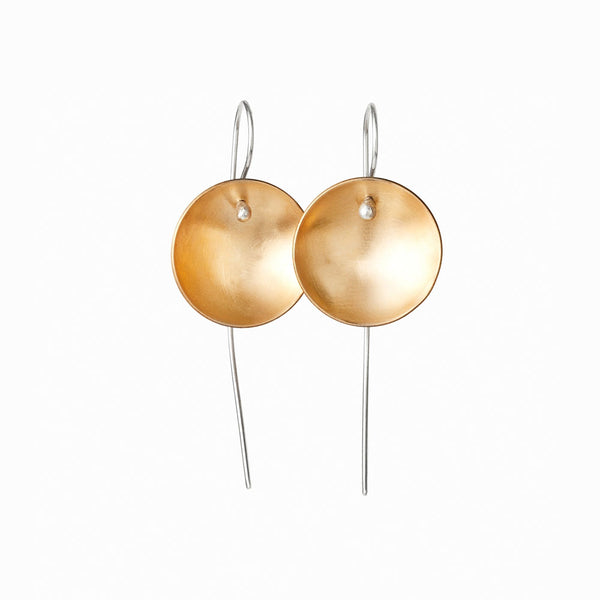 Elke Van Dyke Design Gold Moon Earrings, handcrafted concave design in 14K gold fill and sterling silver. Brushed finish.