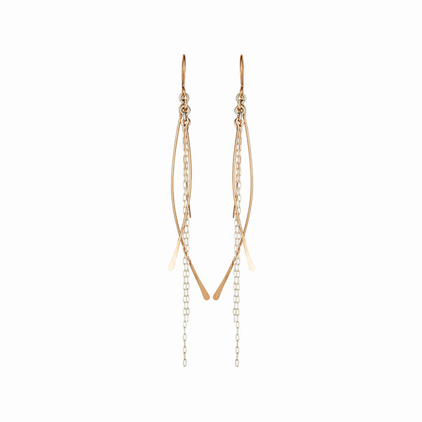 Gold and silver dangle earrings with cascading chain design, handcrafted by Elke Van Dyke. Lightweight, sculptural, and richly textured.