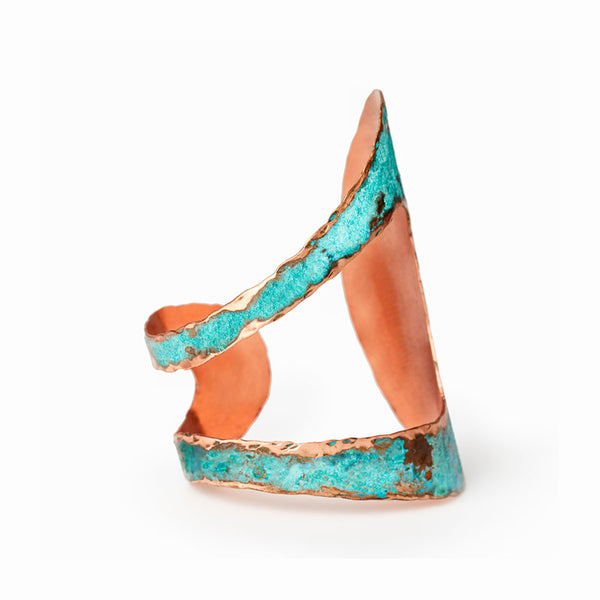 Lago Cuff Bracelet by Elke Van Dyke - individually handcrafted turquoise patina copper cuff with sculptural fluid form.