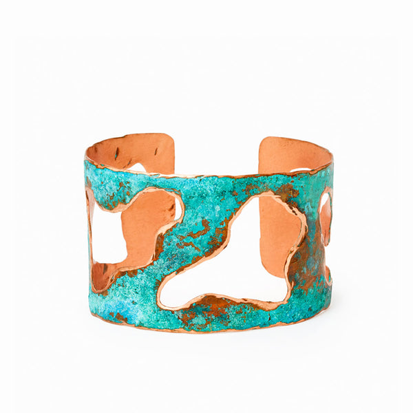 Lake Cuff Bracelet 1.5" width by Elke Van Dyke. A turquoise patina copper cuff with sculptural cut-out island forms. Individually handcrafted.