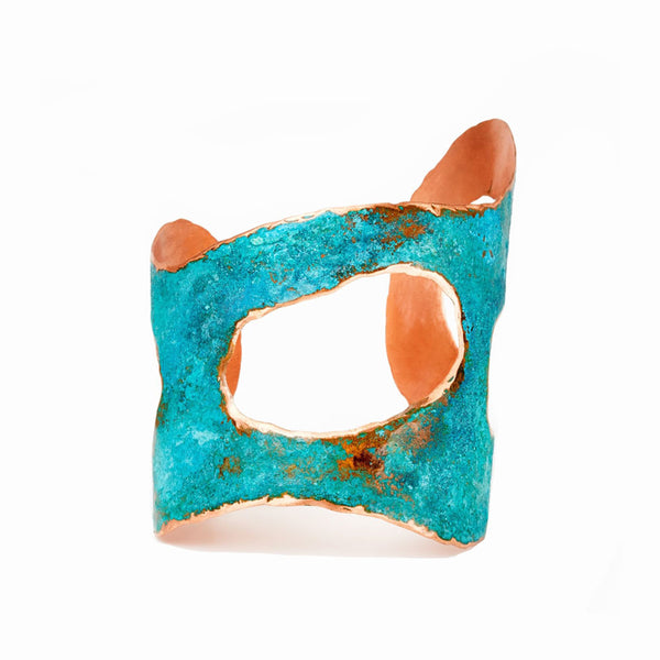 Minimes Cuff Bracelet by Elke Van Dyke Design - individually handcrafted in turquoise patina copper with swirling organic islands.