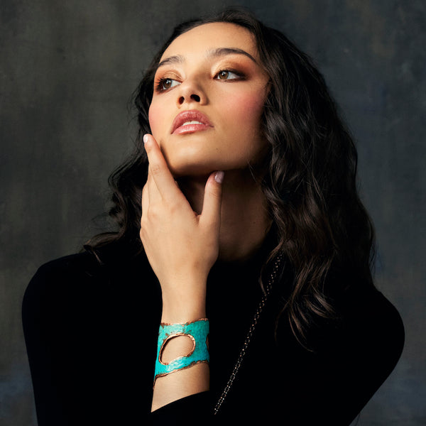 Minimes Cuff Bracelet by Elke Van Dyke Design - individually handcrafted in turquoise patina copper with swirling organic islands.