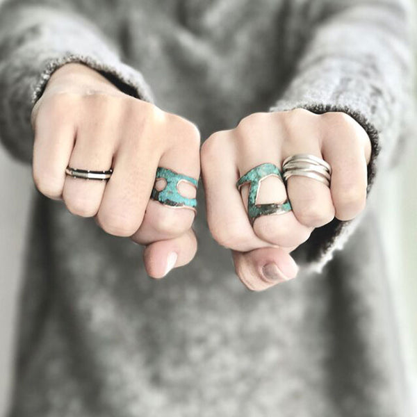 Minimes Ring by Elke Van Dyke—bold sculptural form and raw elegance. A handcrafted statement ring inspired by place and design. Front view.