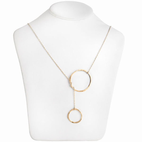 Gold Orbit Lariat Necklace crafted in 14k gold fill with a sculptural Y‑chain design. Lightweight elegance. Redefine your neckline now.
