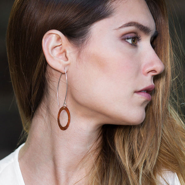 Seascape Copper Earrings by Elke Van Dyke, handcrafted flame patina open copper disc earrings with sterling silver hooks.