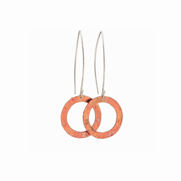 Seascape Copper Earrings by Elke Van Dyke, handcrafted flame patina open copper disc earrings with sterling silver hooks.