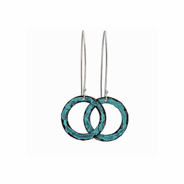 Seascape Turquoise Earrings by Elke Van Dyke. Handcrafted patina copper halos with sterling silver hooks.