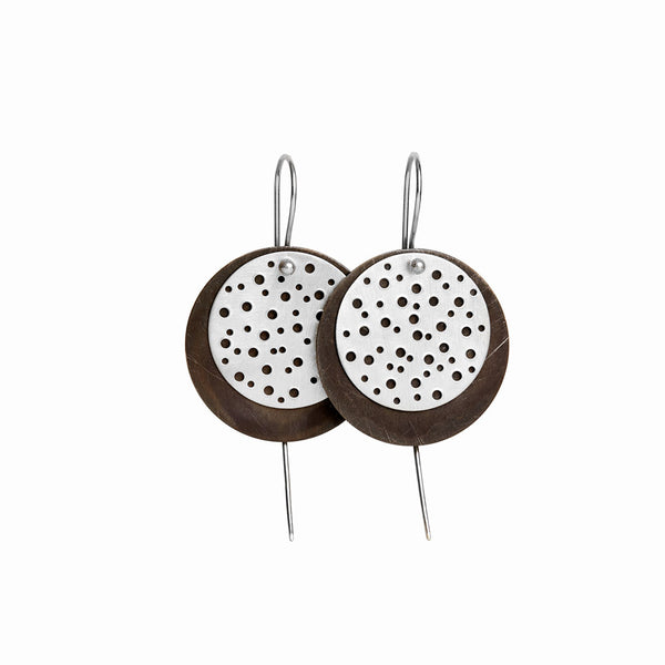 Silver Eclipse Earrings by Elke Van Dyke – handcrafted sterling silver with luminous moon and oxidized crescent design