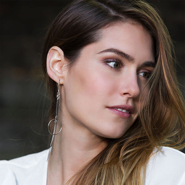 Sterling Silver Moonlight Chain Dangle Earrings with sculptural, waterfall movement. Lightweight, minimalist statement earrings by Elke Van Dyke.