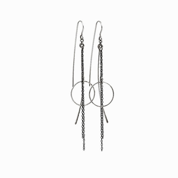 Sterling Silver Moonlight Chain Dangle Earrings with sculptural, waterfall movement. Lightweight, minimalist statement earrings by Elke Van Dyke.