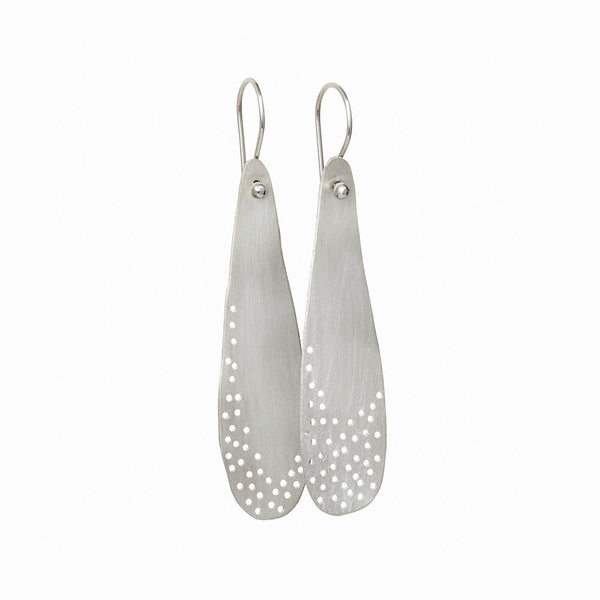 Silver Moon Dust Drop Earrings by Elke Van Dyke – handcrafted sterling silver with brushed satin finish, inspired by lunar textures. Tear drop shape earring.