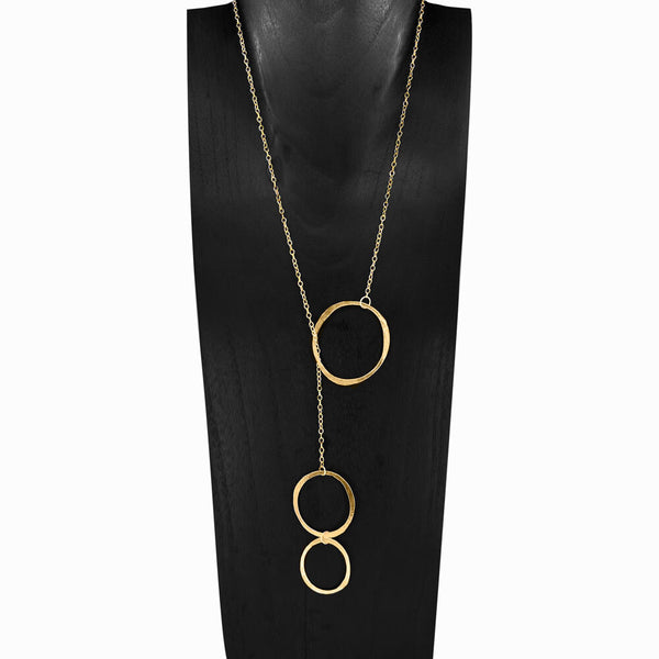 Trio Orbit Lariat Necklace in all 14k gold fill, sculptural Y-chain with three gold rings, lightweight and radiant by Elke Van Dyke.