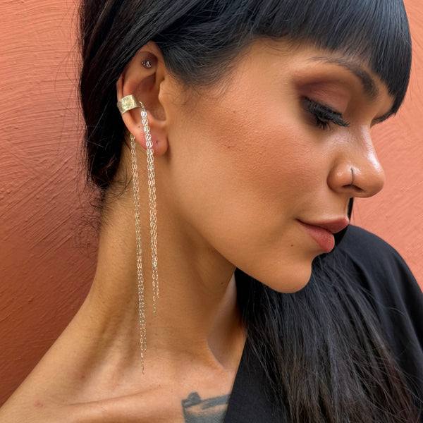 Waterfall Ear Cuff in sterling silver with cascading chain strands worn on model | Elke Van Dyke