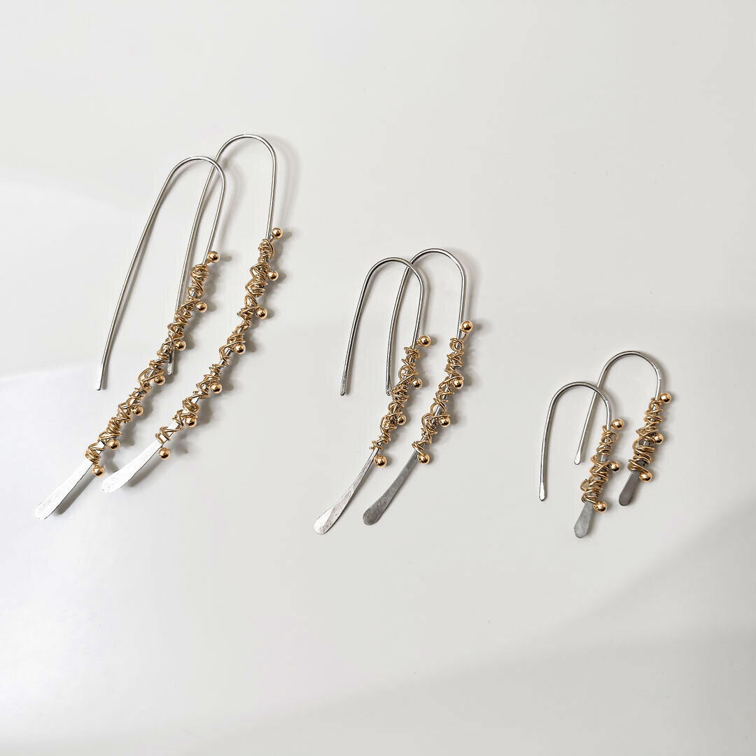 Elke Van Dyke Design Gold Dewdrop Threader Earrings laying flat