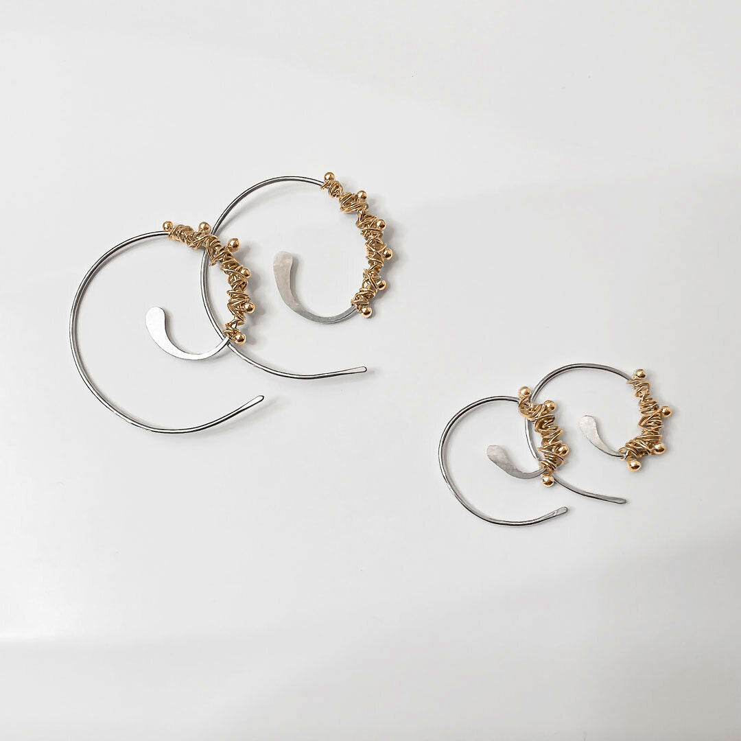 Elke Van Dyke Design Gold Dewdrop Hoop Threader Earrings laying flat
