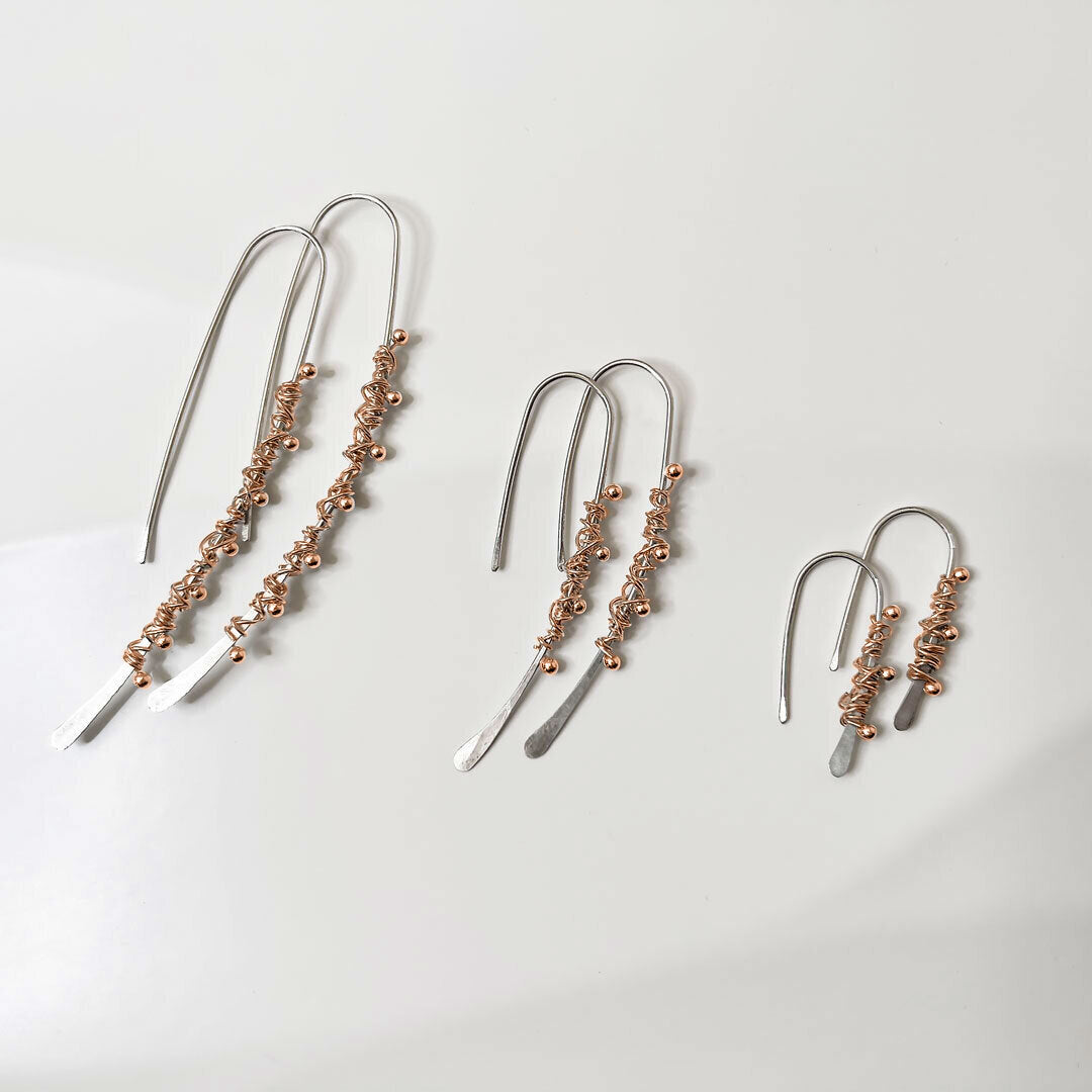 Elke Van Dyke Design Rose Gold Dewdrop Threader Earrings all sizes laying flat