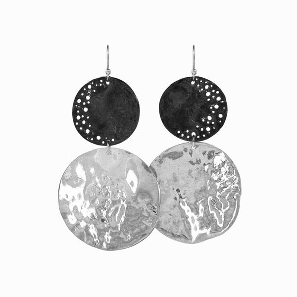 Penumbra Earrings - sterling silver and oxidized orbs on curved hooks. Sculptural lunar contrast by Elke Van Dyke.