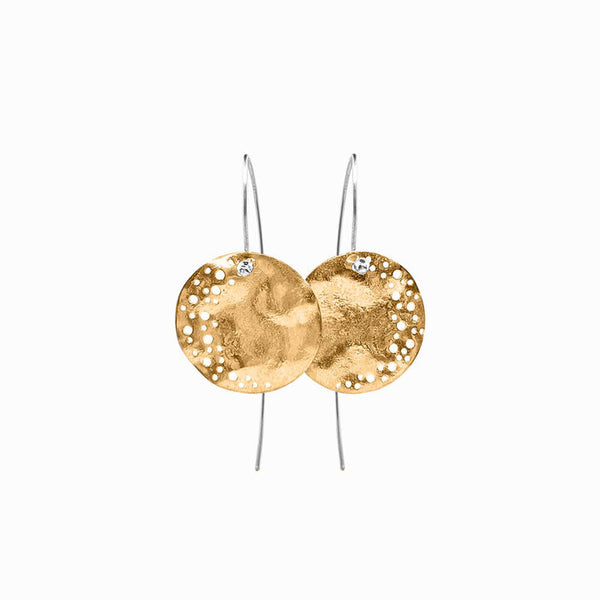 Gold Moon Dust Earrings—14K gold-over-silver medallions with V-hook and star-crescent detail. Wearable lunar elegance by Elke Van Dyke.