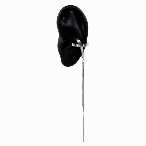 X-Nova Ear Cuff—sculptural sterling silver cuff with long cascading chain and celestial sheen. Statement wearable art by Elke Van Dyke.