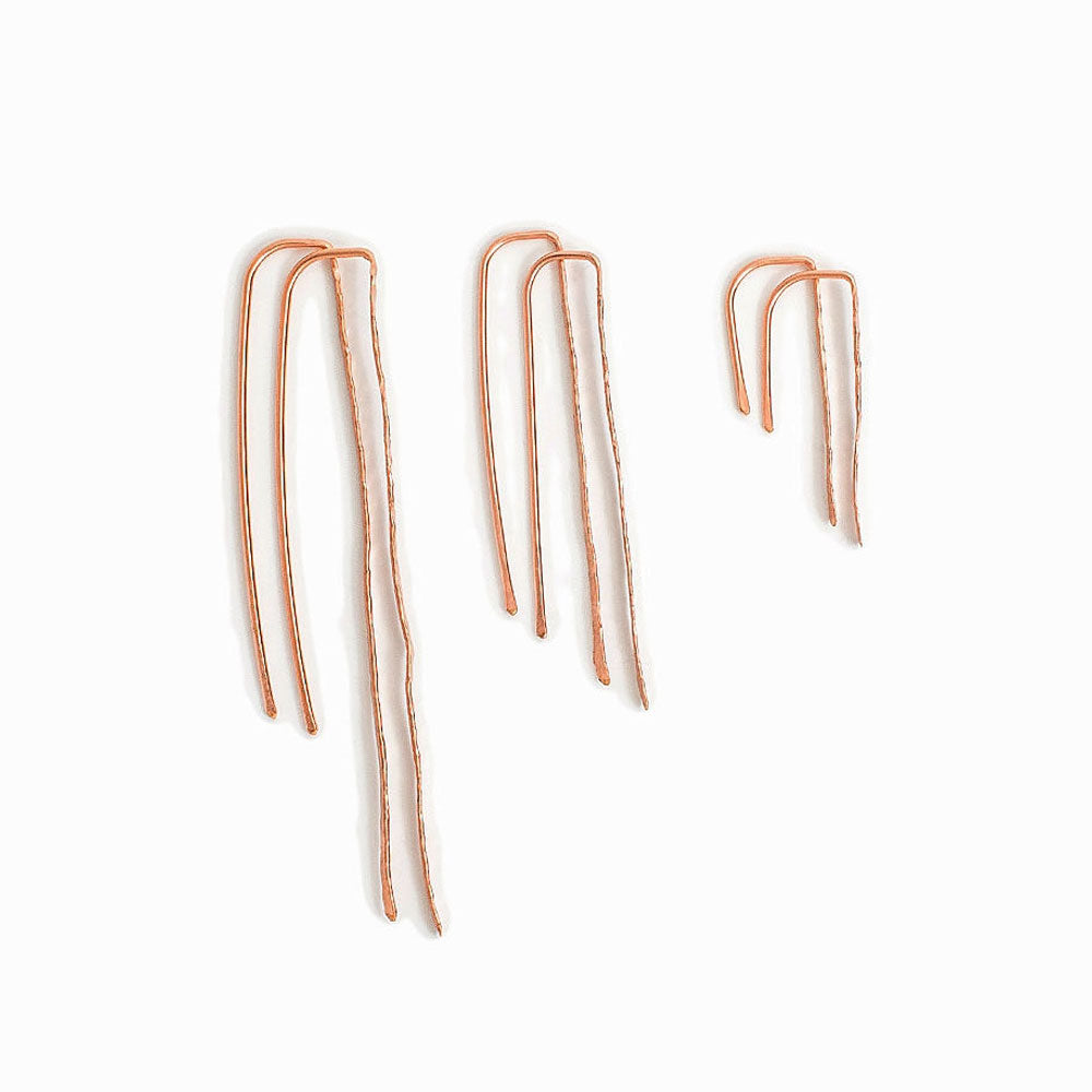 Elke Van Dyke Design Rose Gold Twig Threader Earrings all sizes laying flat