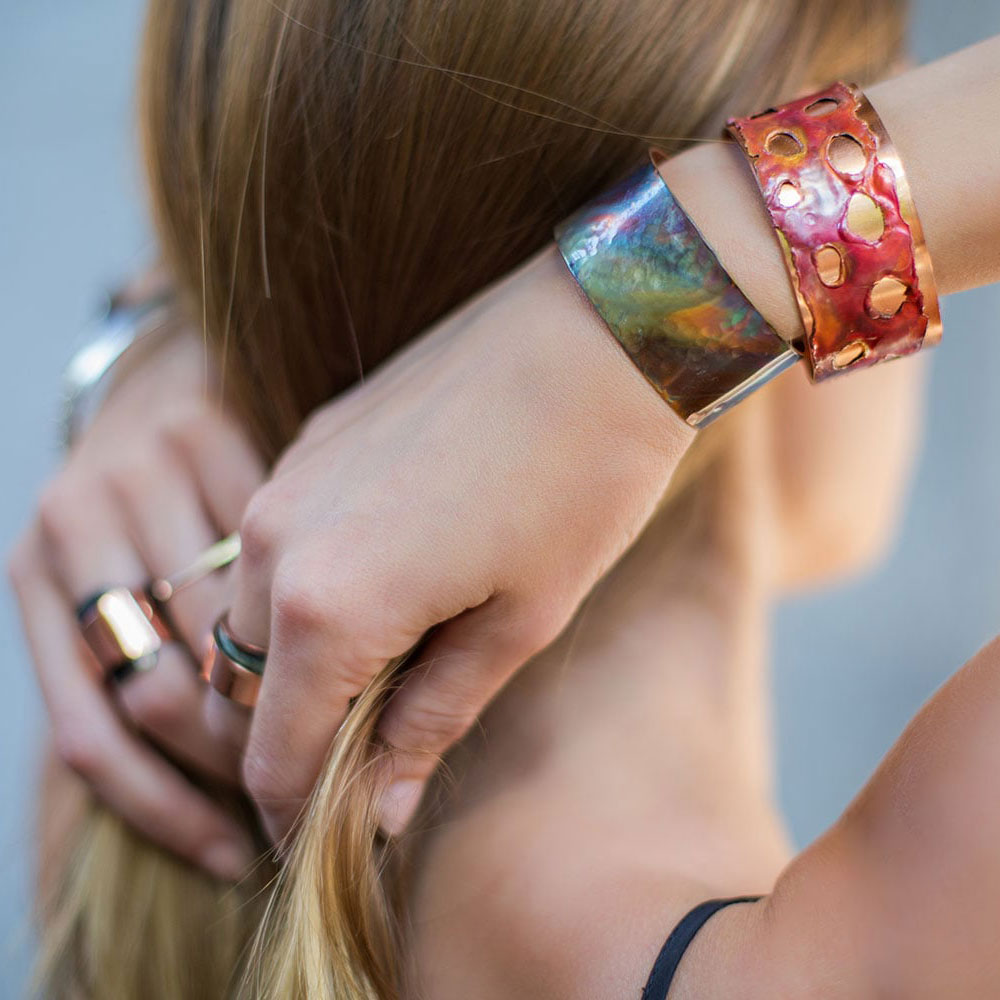Elke Van Dyke Design Small Rainbow Copper Cuff Bracelet on model
