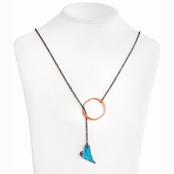 Turquoise Heart Lariat Necklace by Elke Van Dyke - handcrafted patina copper heart with oxidized chain. No clasp Necklace.